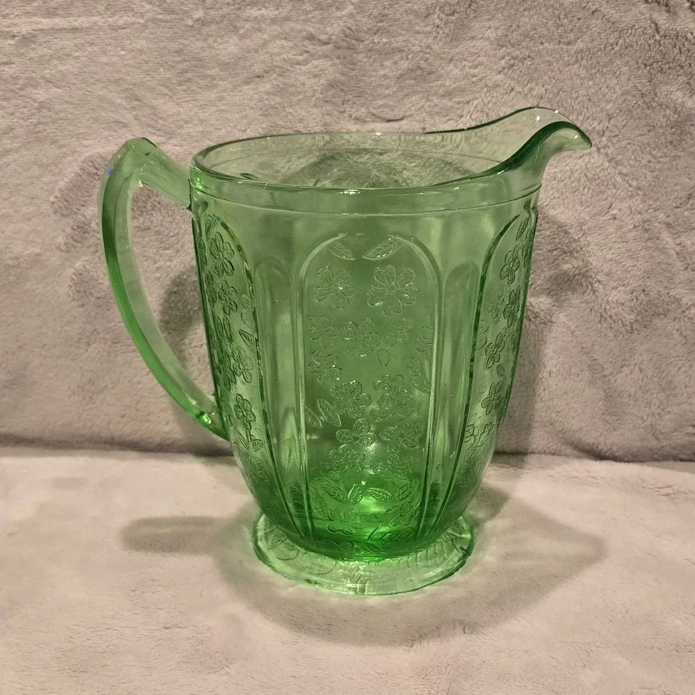 Vintage Jeannette Glass Cherry Blossom Green Depression Glass Pitcher 1930s 6.75